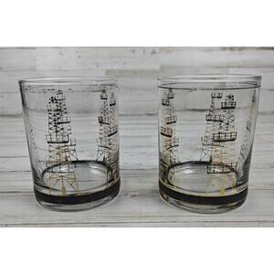 2- CULVER MCM OIL RIG WELL 24k Gold & Black Old Fashioned Glasses. Vintage